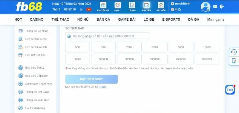 Nạp tiền fb68 bằng thẻ cào điện thoại trong 5 phút